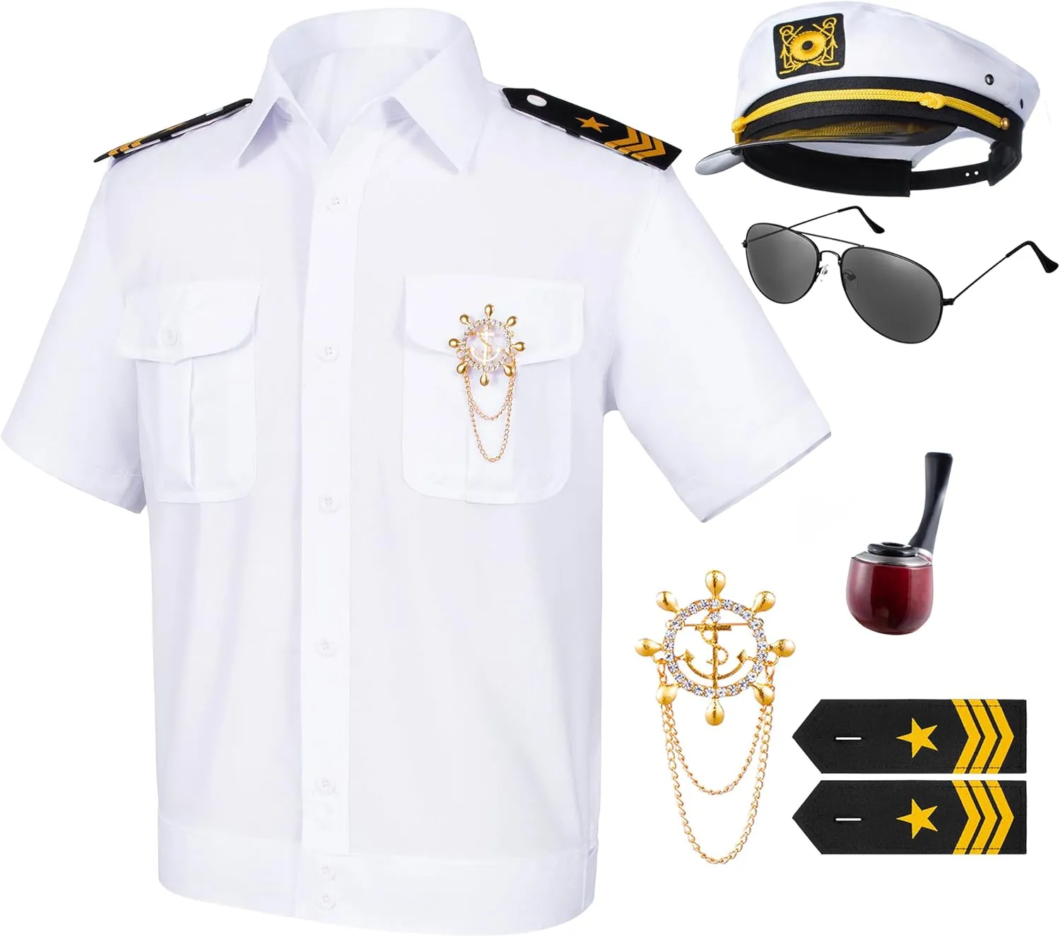 6PCS Men's Yacht Captain Sailor Costume Adult Shirt Hat Accessories Set Party Cosplay
