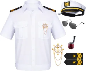 6PCS Men's Yacht Captain Sailor Costume Adult Shirt Hat Accessories Set Party Cosplay