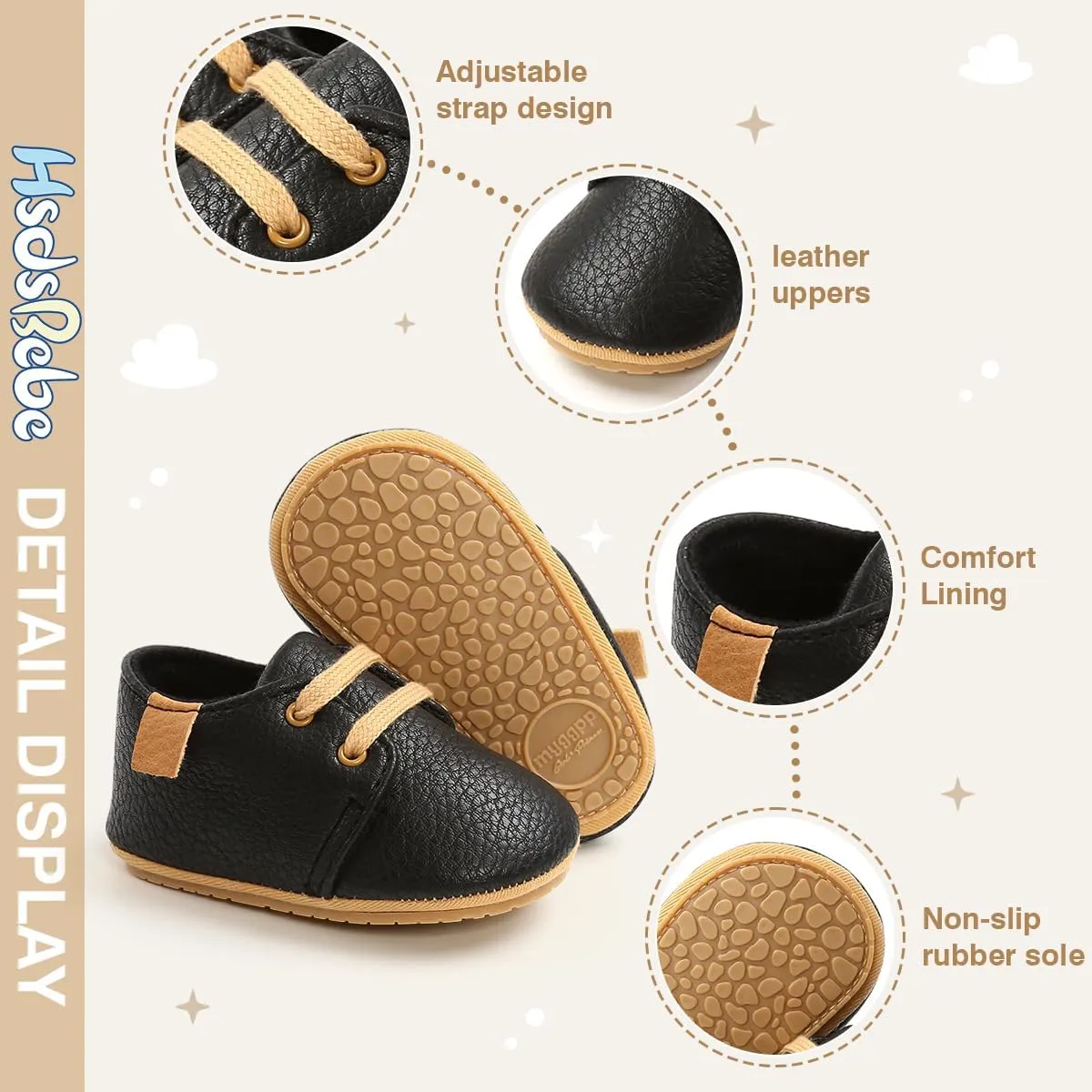 HsdsBebe Baby Boys Girls Oxford Shoes PU Leather Soft Rubber Sole Sneakers Anti-Slip Toddler Ankle Boots Infant Walking Shoes Moccasins