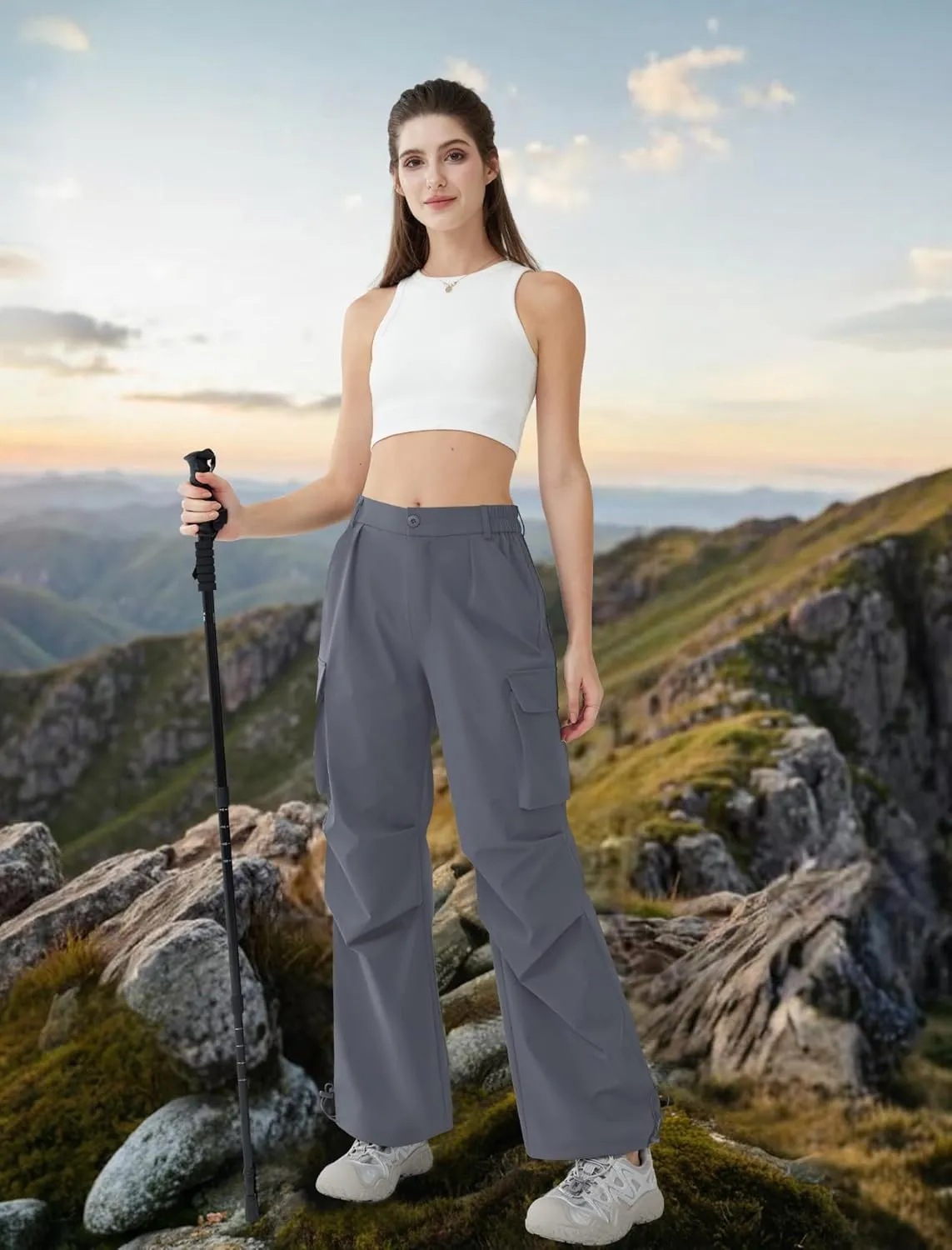 Women??s Hiking Pants Wide Leg Cargo Pants Quick Dry Lightweight Water-Resistant Travel Casual Trousers with 4 Pockets