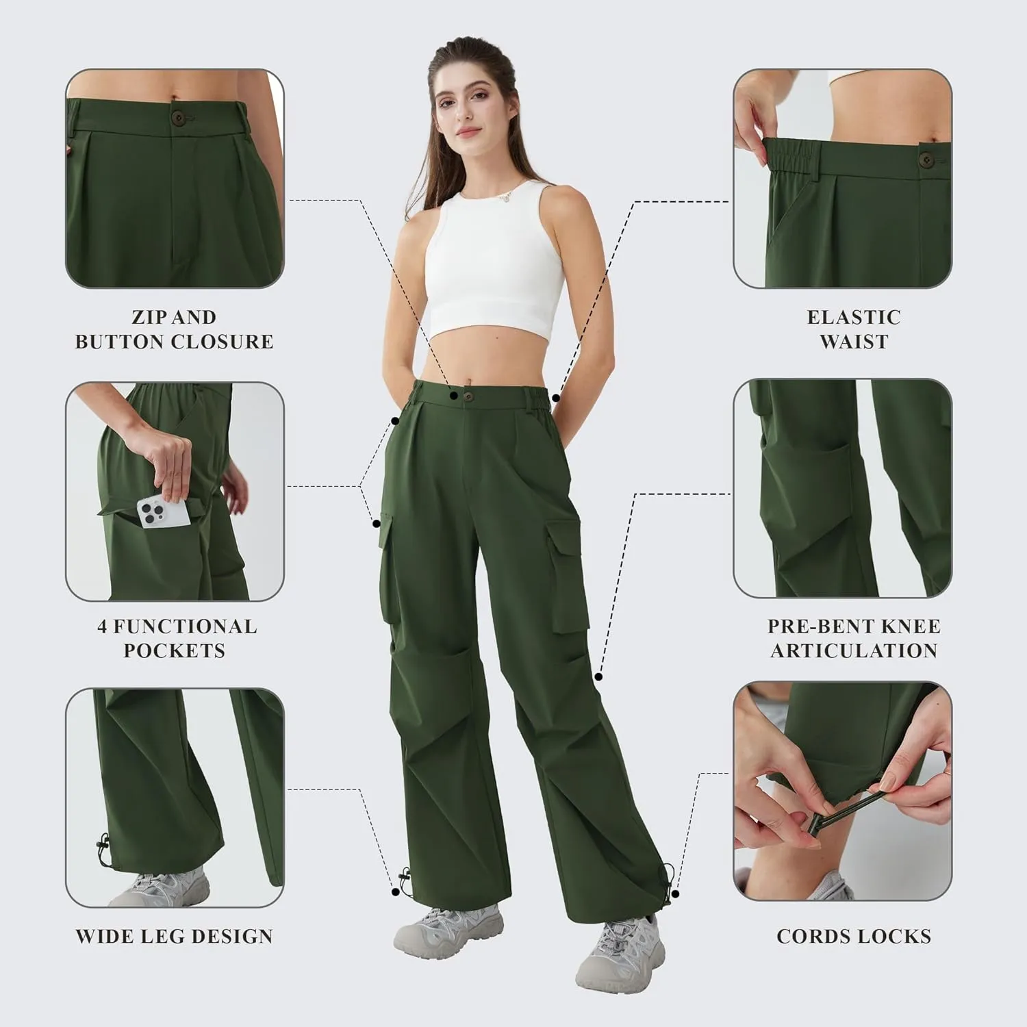Women??s Hiking Pants Wide Leg Cargo Pants Quick Dry Lightweight Water-Resistant Travel Casual Trousers with 4 Pockets