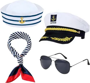 Yacht Captain Costume Set, Navy Costume Sailor Costume Accessories with Sailor Hat Scarf Captain Hat and Sunglasses